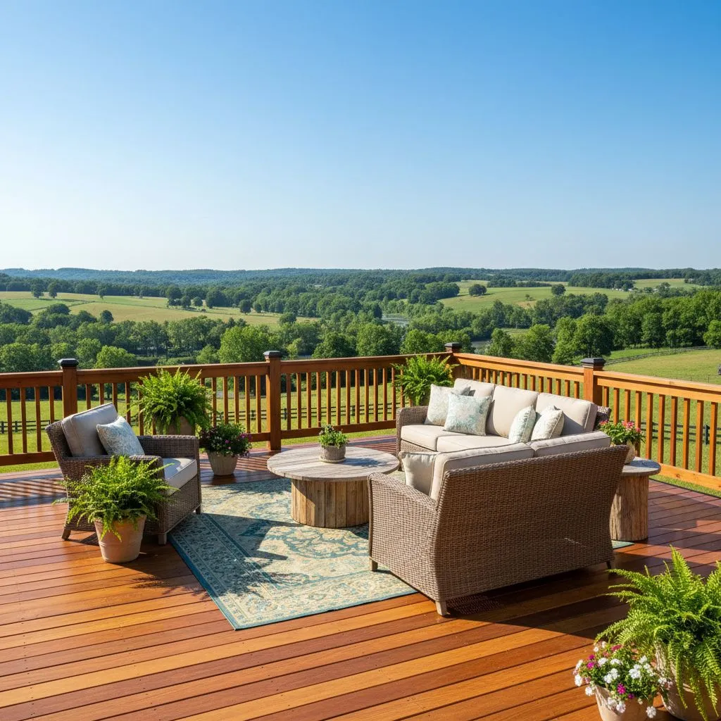 A beautifully maintained wooden deck with outdoor furniture overlooking a lush Kentucky landscape during a clear day