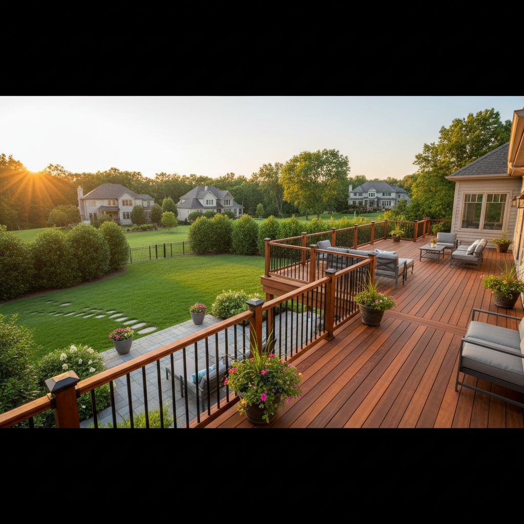 A large, multi-level wooden deck with black metal balusters overlooking a lush green lawn in a suburban neighborhood.