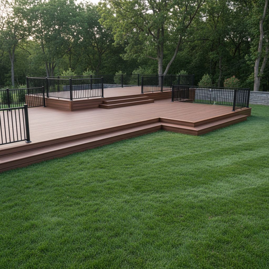 A sleek, multi-level composite deck in a deep walnut finish with modern black aluminum railings, surrounded by a lush green lawn.