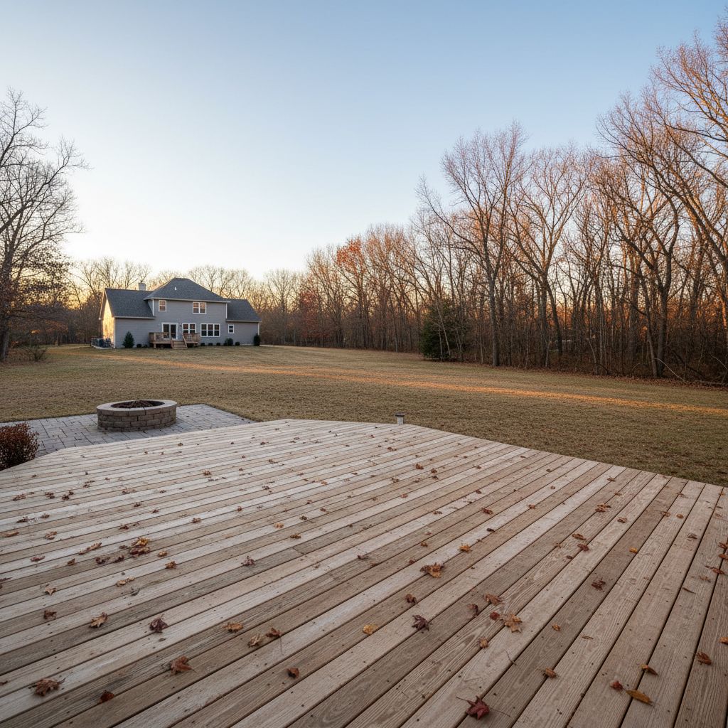 A wide-angle view of a residential backyard deck cleared of furniture during late autumn